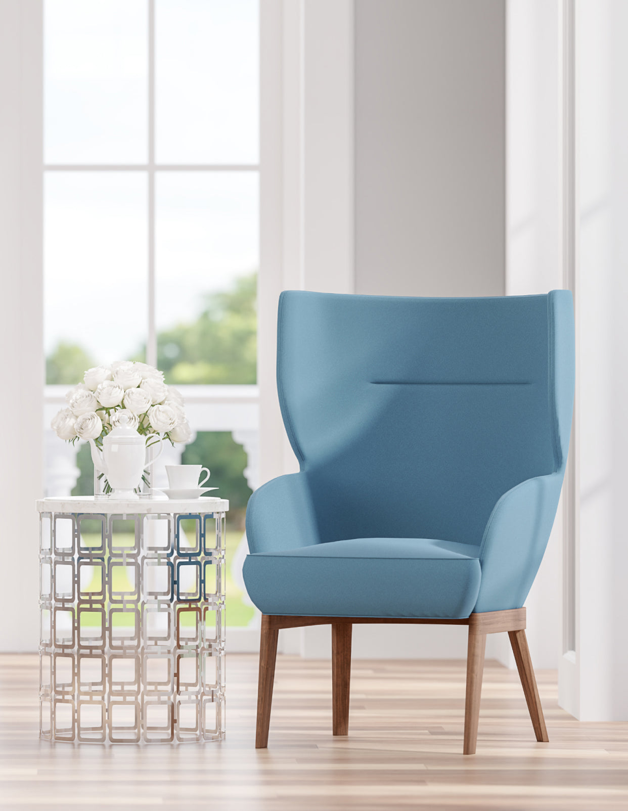 Blue accent chair in a sunlit living room